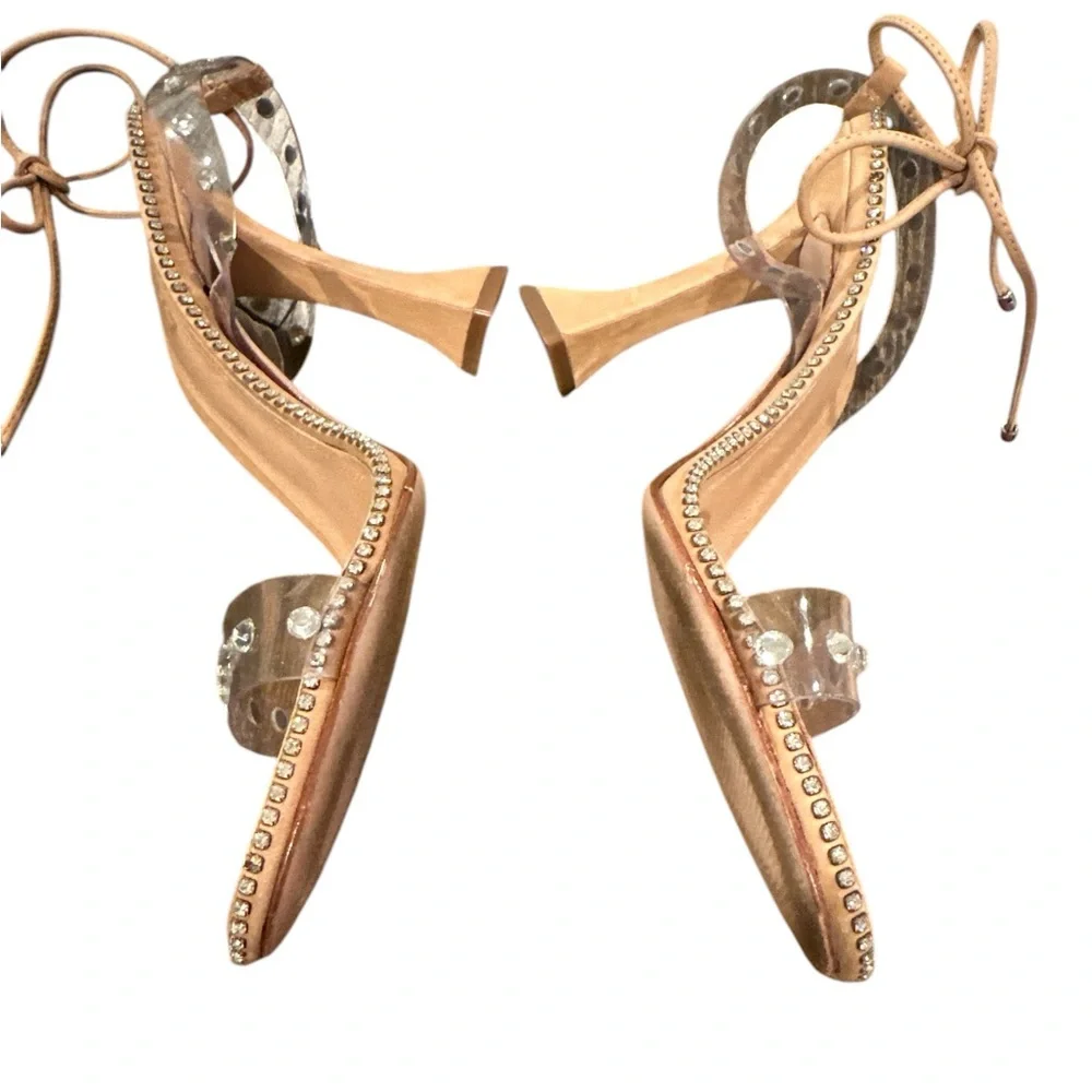 SCHUTZ RHEA SANDAL HONEY BEIGE CRYSTAL STRAPPY HEELS SHOES 8